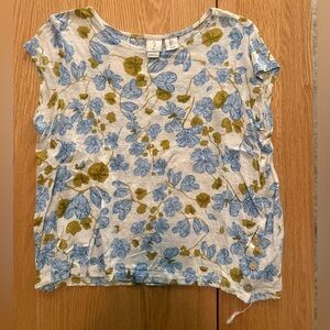 Joie Linen Floral Blouse Women’s Size L Blue Olive Print Short Sleeve Top